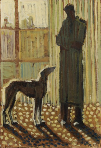 Backlit Conversation, an oil painting by Romy Elliott of a sighthound and a standing figure in front of a sunlit window