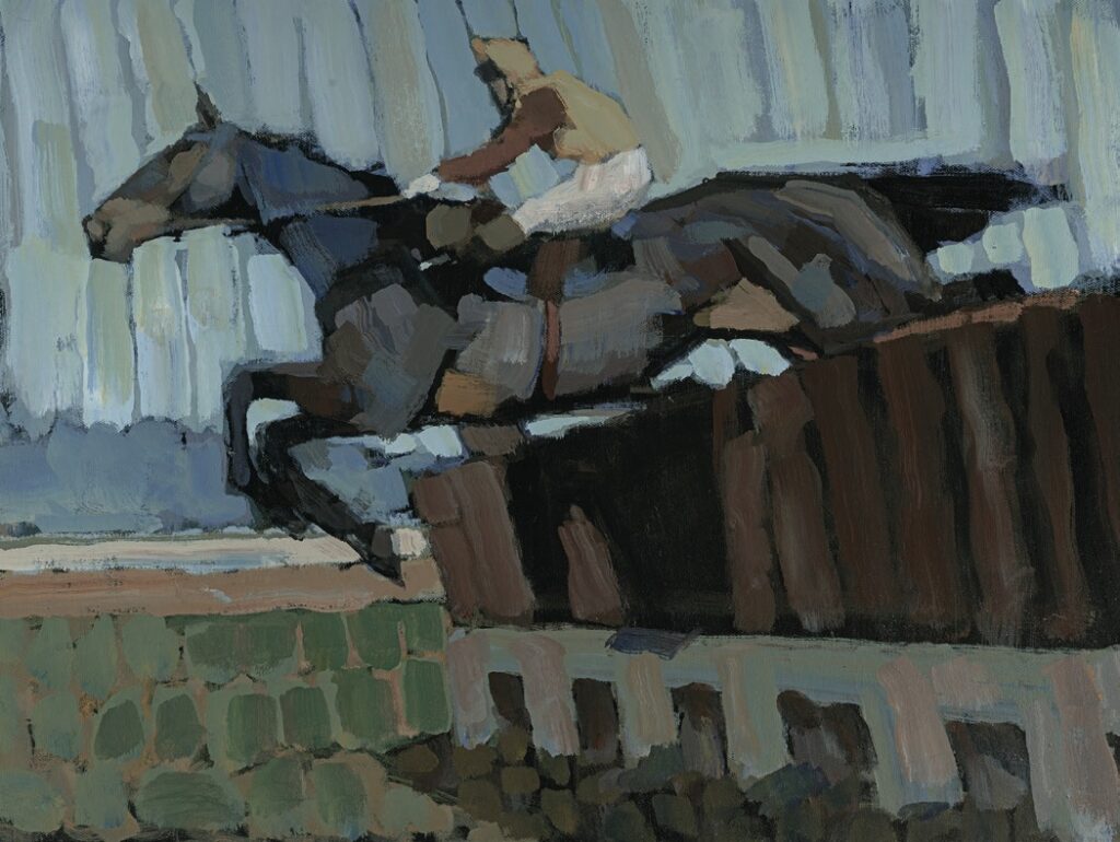 Fence Three, an oil painting by Romy Elliott of a steeplechase horse and jockey clearing a fence