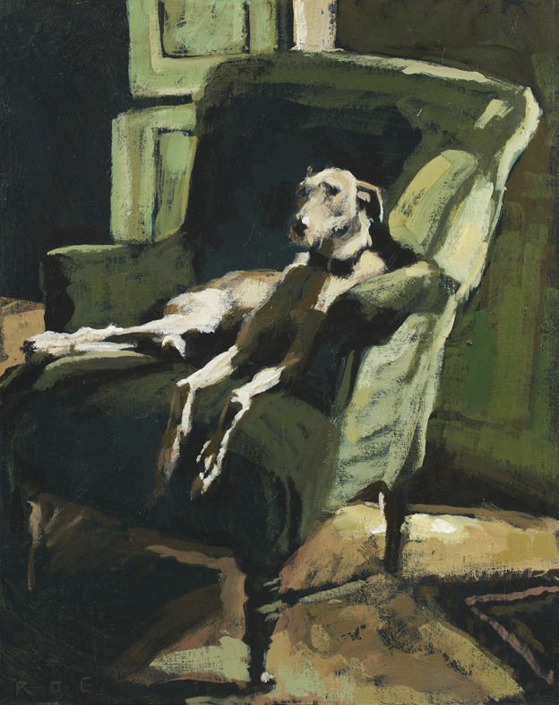 Green Chair, an oil painting by Romy Elliott of a lurcher sprawled in a green armchair
