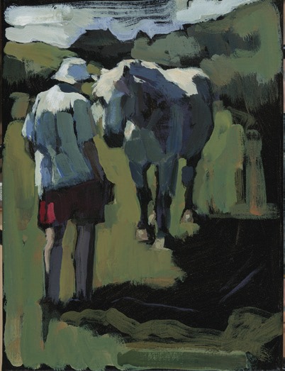 Hello Friend, an oil painting by Romy Elliott of a handler greeting a horse in a field