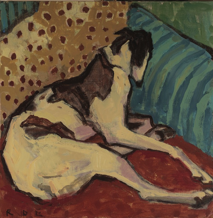 Slumbering Sighthound, an oil painting by Romy Elliott of a sighthound curled on a red cushion