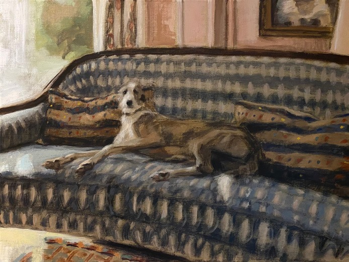 Thistle Reclining, an oil painting by Romy Elliott of a dog lying on a patterned sofa