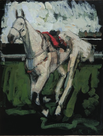 Whoops, an oil painting by Romy Elliott of a grey horse in a red saddle cloth