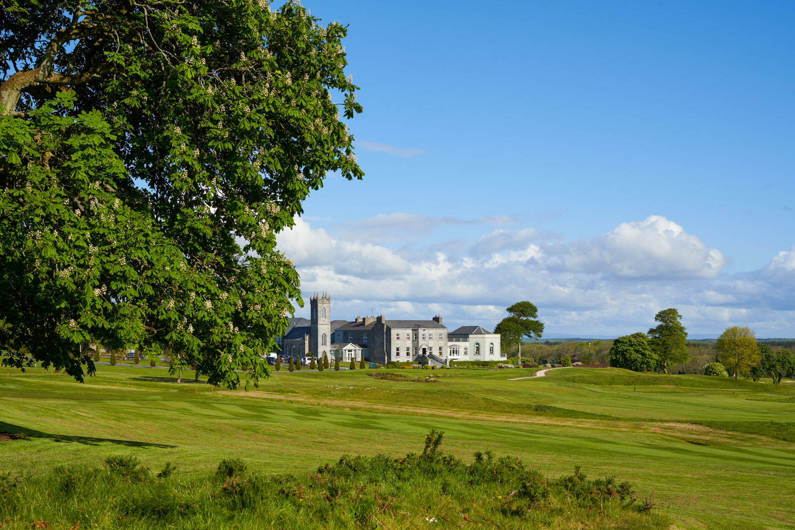 Glenlo Abbey estate exterior on a misty morning near Galway, Ireland