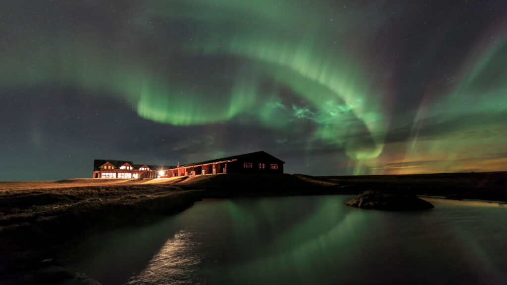 Aurora borealis over Hotel Ranga in southern Iceland