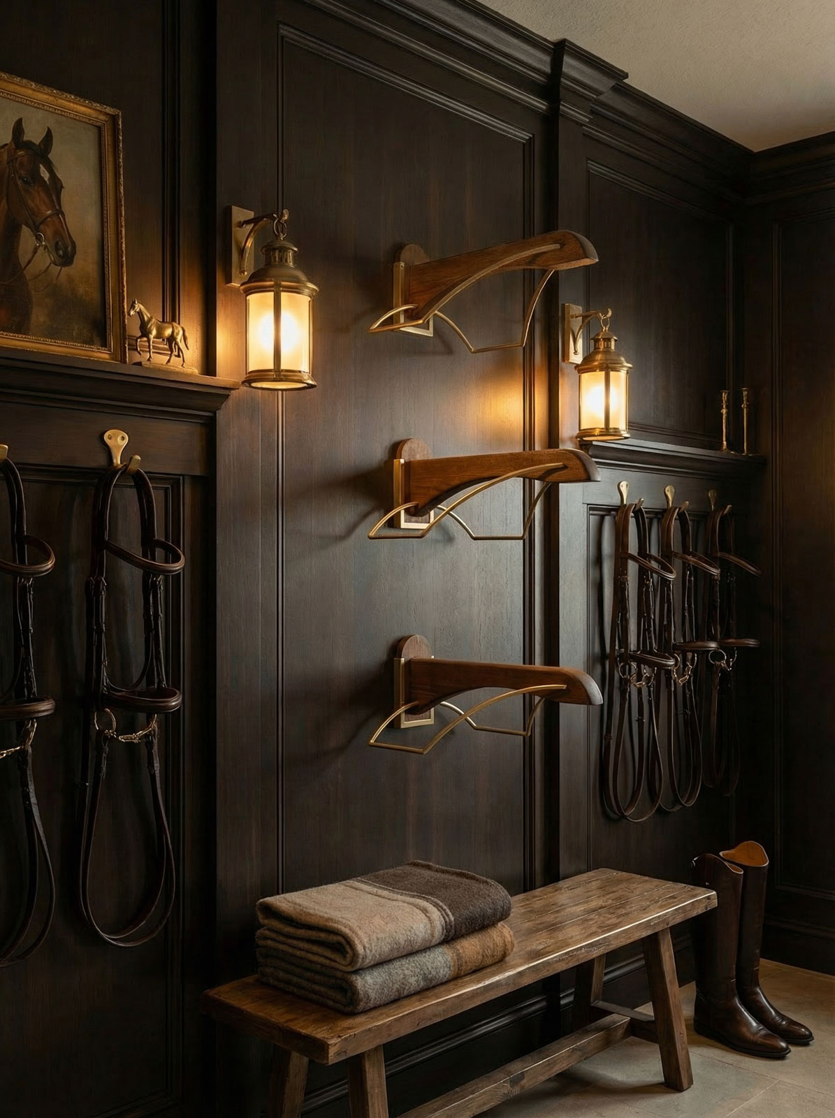American Stalls tack room with saddle racks, brass lanterns, and riding boots