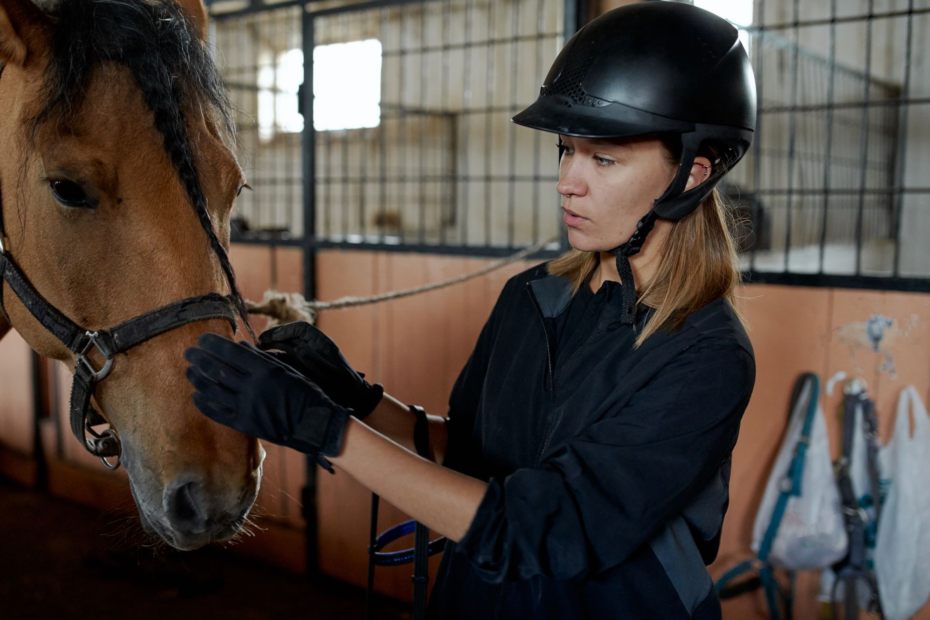 horsewoman caressing melancholic mare muzzle in stable